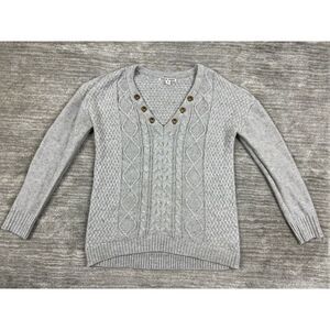 Moral Fiber Sweater Womens Medium Gray V-Neck Grommet Long Sleeve Acrylic